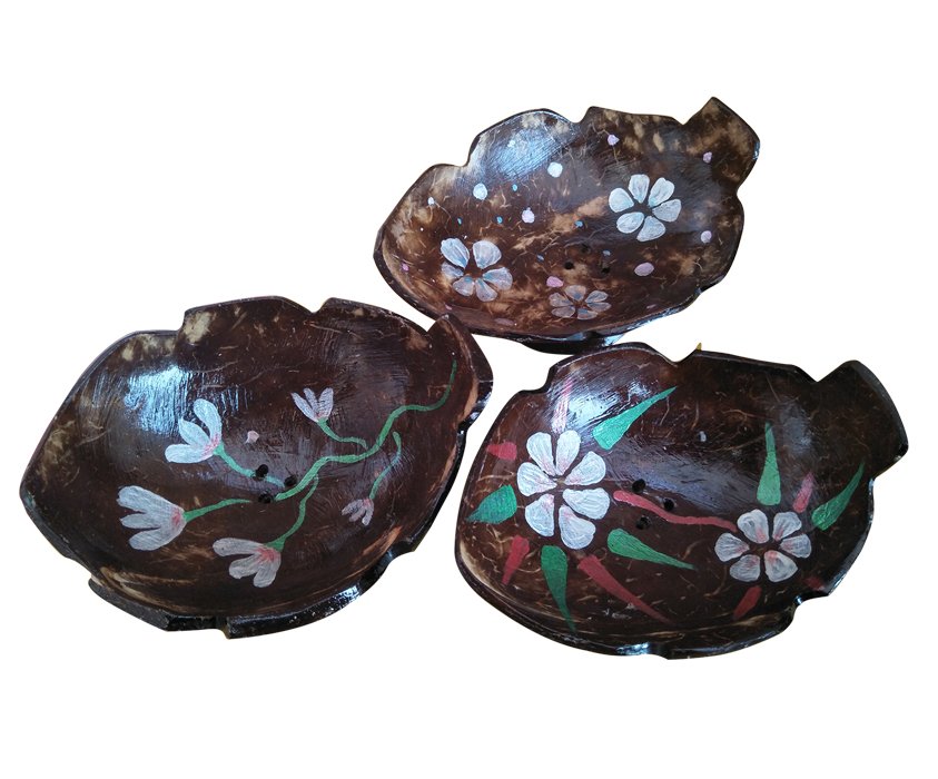Coconut Shell Crafted Soap Dish Multipurpose Tray with Hand Painted Design(Set of 3)
